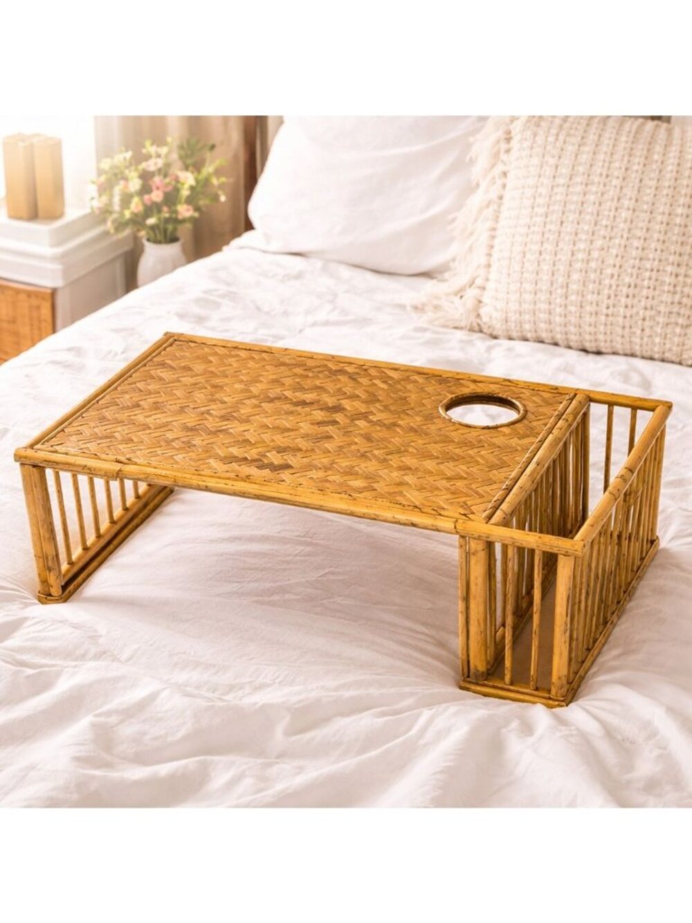 Bamboo Rattan Bed Tray Breakfast Serving VTG Lap Desk Boho MCM 1970s Woven Cane